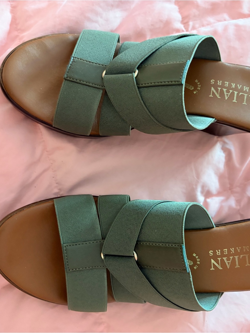 Italian Shoemakers Olive Green Crisscross Strap Slide Sandals
